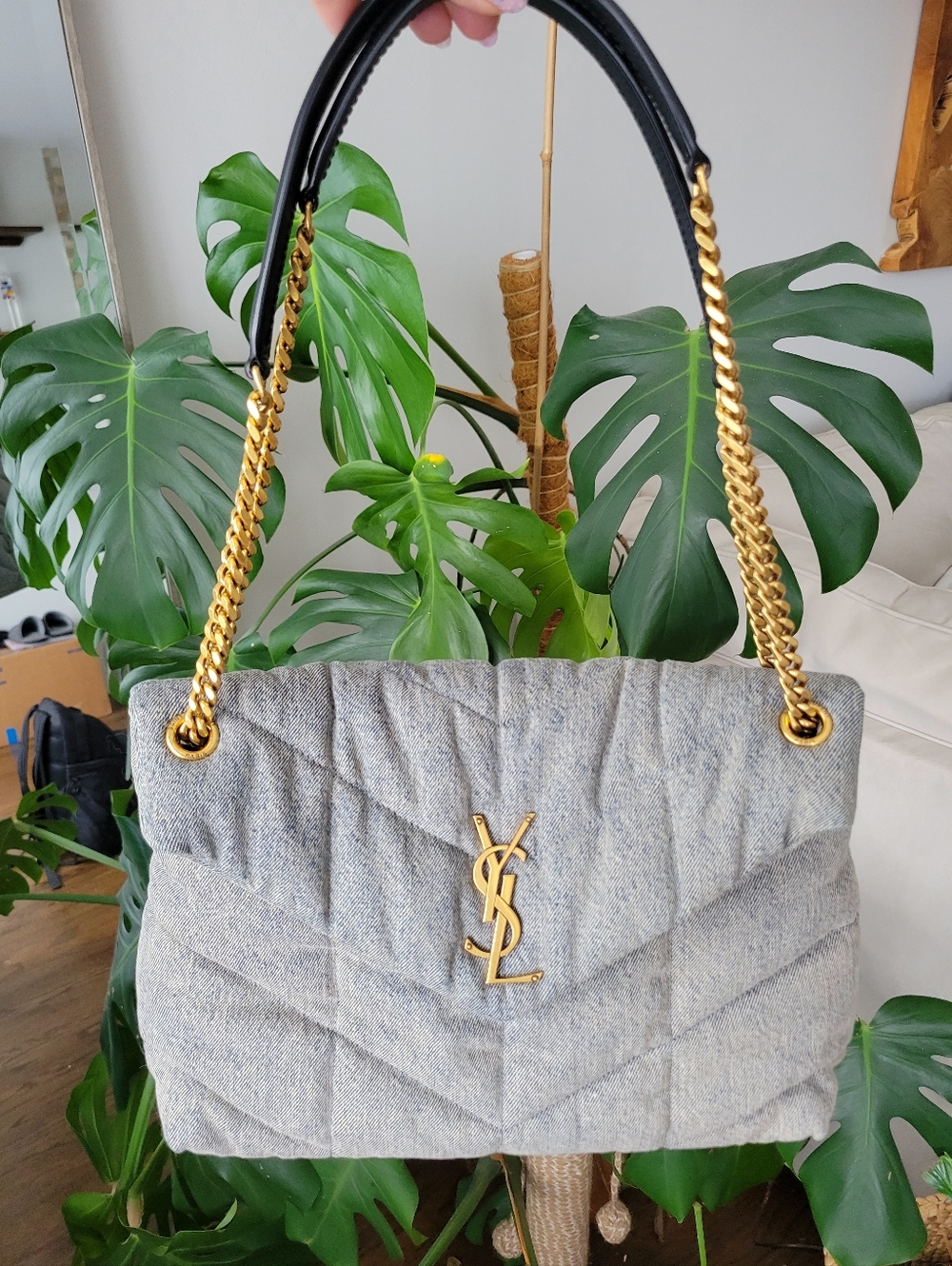 🌷Saint Laurent Light Blue/Gray Denim Loulou Quilted Shoulder/Crossbody Bag